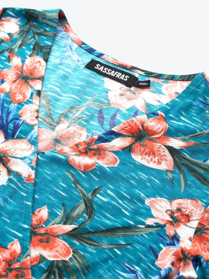 Women's Blue Floral Wrap Skater Jersey Dress