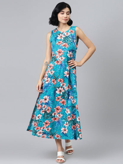 Women's Blue Floral Sleeveless Jersey Maxi Dress