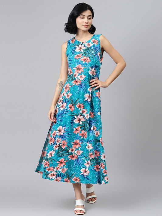 Women's Blue Floral Sleeveless Jersey Maxi Dress