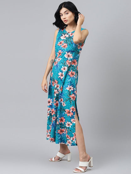 Women's Blue Floral Sleeveless Jersey Maxi Dress