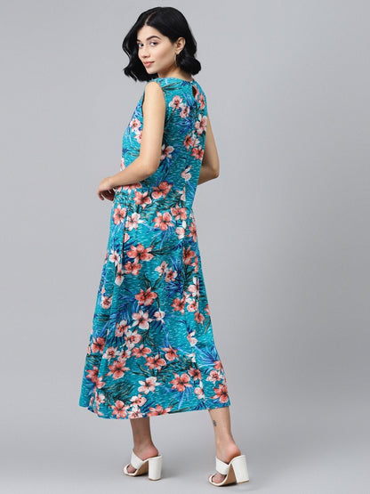 Women's Blue Floral Sleeveless Jersey Maxi Dress