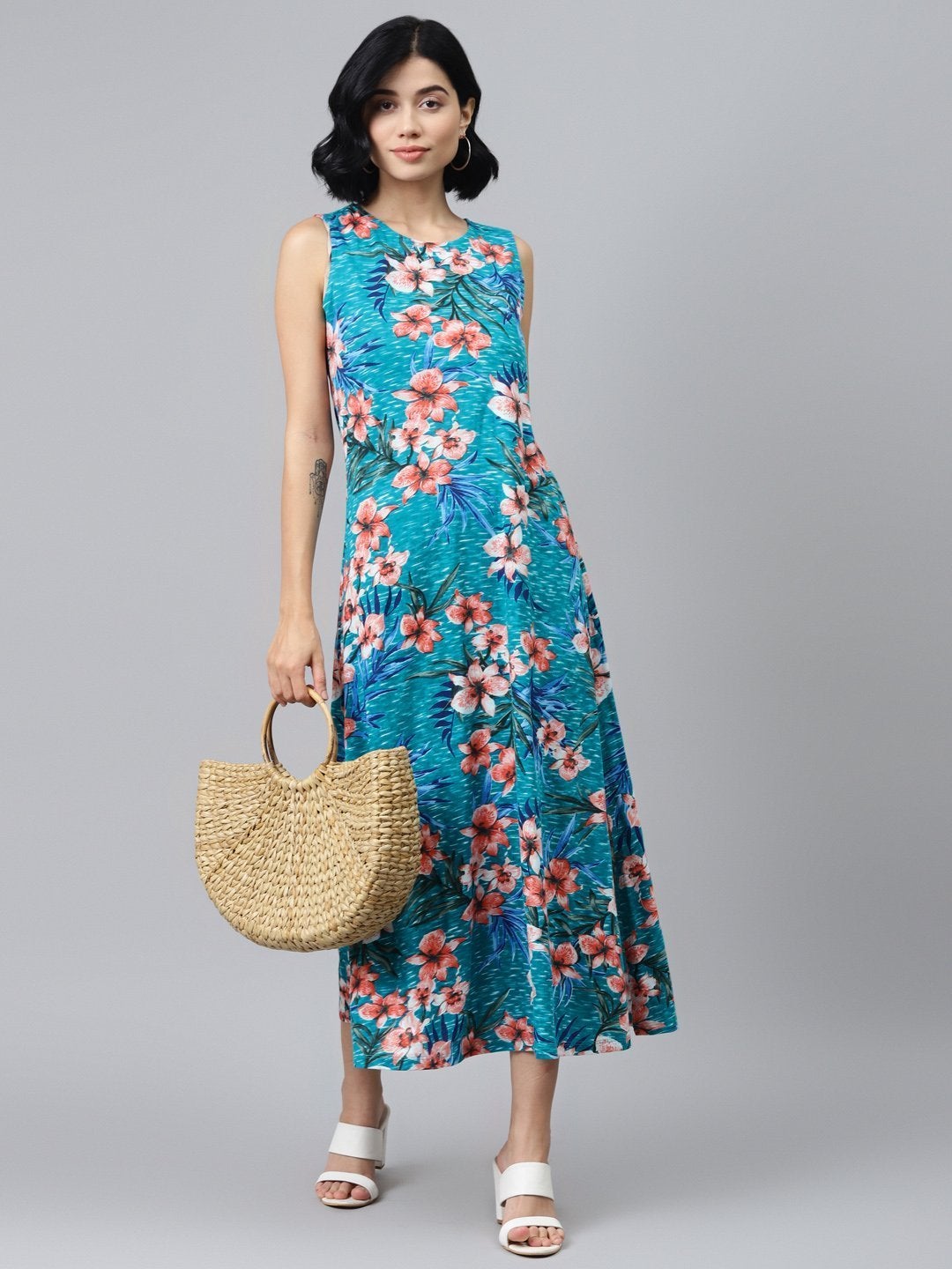 Women's Blue Floral Sleeveless Jersey Maxi Dress