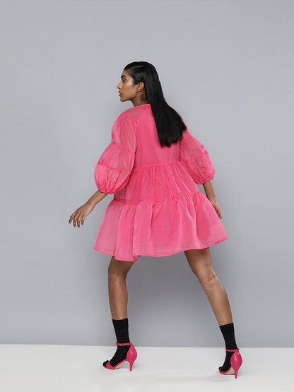 Women's Fuchsia Organza Drop Shoulder Tiered Dress