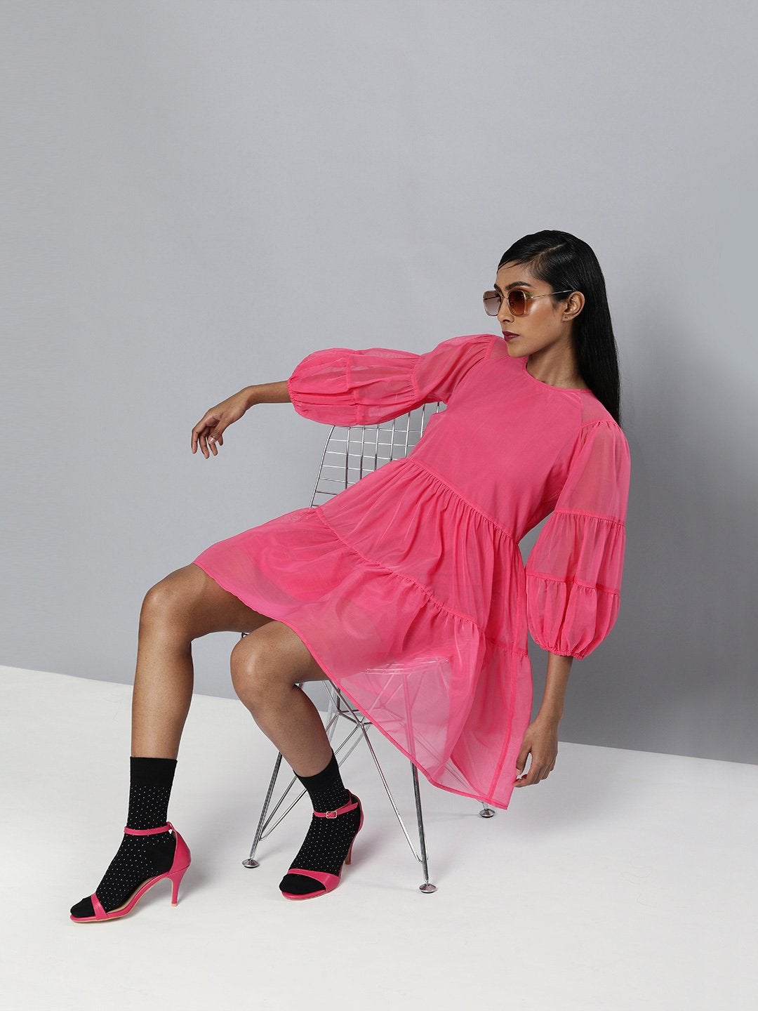 Women's Fuchsia Organza Drop Shoulder Tiered Dress