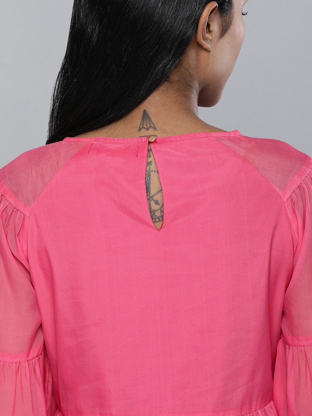 Women's Fuchsia Organza Drop Shoulder Tiered Dress