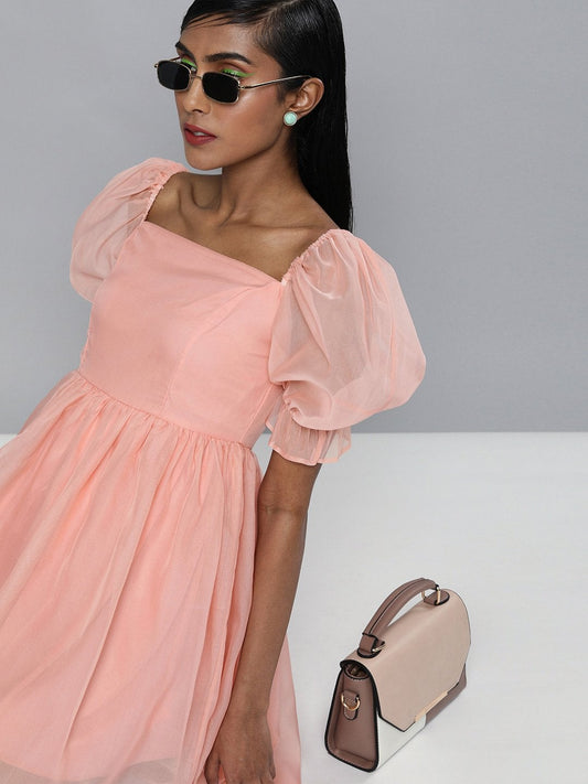 Women's Pastel Pink Organza Puff Sleeve Dress