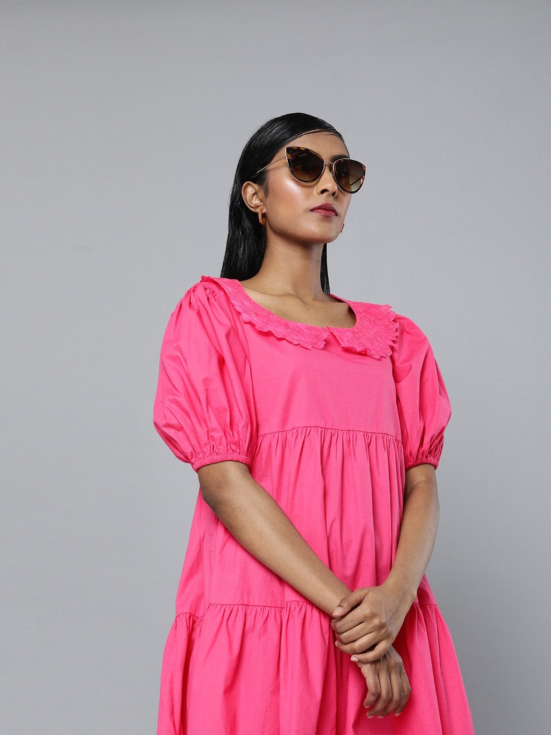 Women's Fuchsia Embroidered Collar Tiered Dress