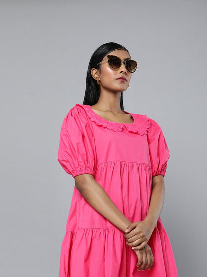 Women's Fuchsia Embroidered Collar Tiered Dress