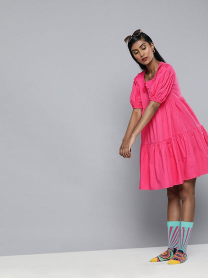 Women's Fuchsia Embroidered Collar Tiered Dress