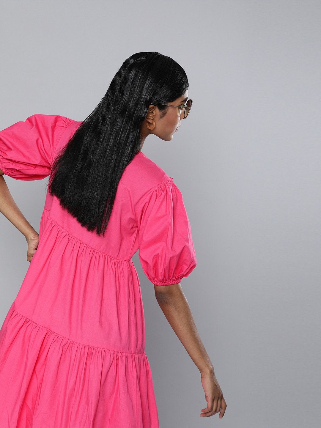 Women's Fuchsia Embroidered Collar Tiered Dress