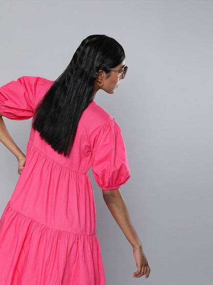 Women's Fuchsia Embroidered Collar Tiered Dress