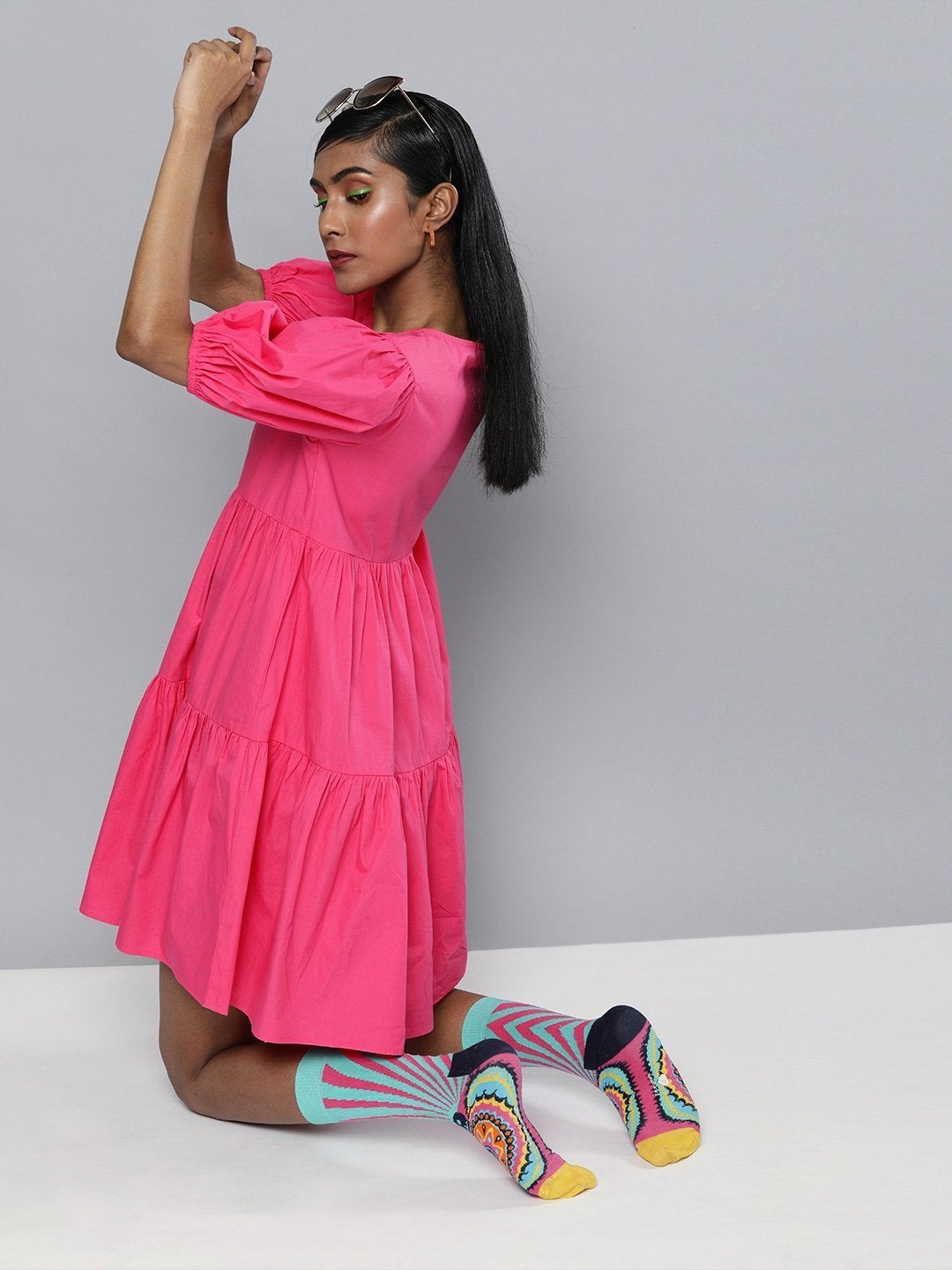 Women's Fuchsia Embroidered Collar Tiered Dress