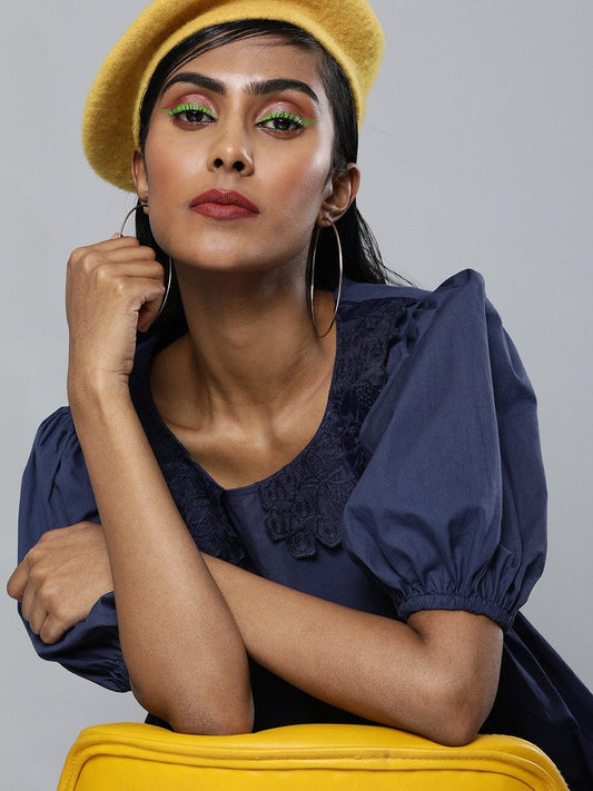 Women's Navy Embroidered Collar Tiered Dress