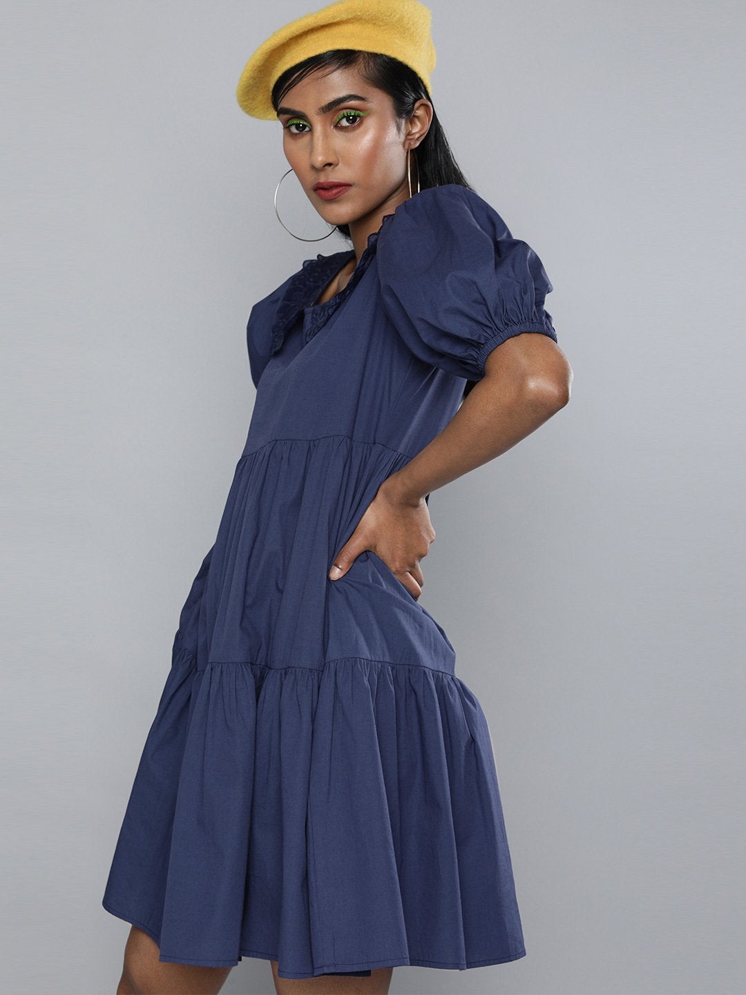 Women's Navy Embroidered Collar Tiered Dress