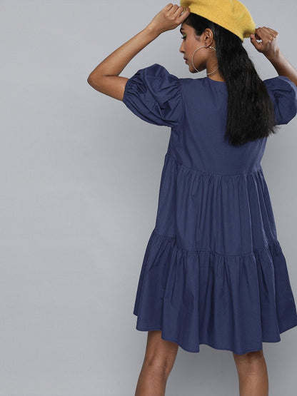 Women's Navy Embroidered Collar Tiered Dress