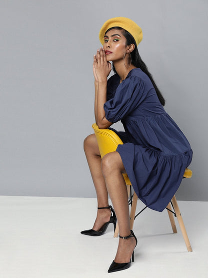 Women's Navy Embroidered Collar Tiered Dress