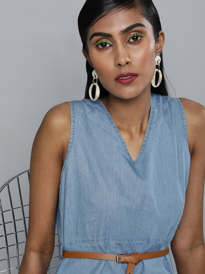 Women's Blue Denim Sleeveless Skater Dress