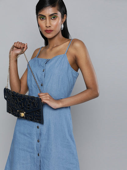Women's Blue Denim Strappy Front Button Dress