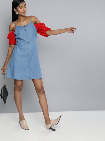Women's Blue Denim Strappy Front Button Dress