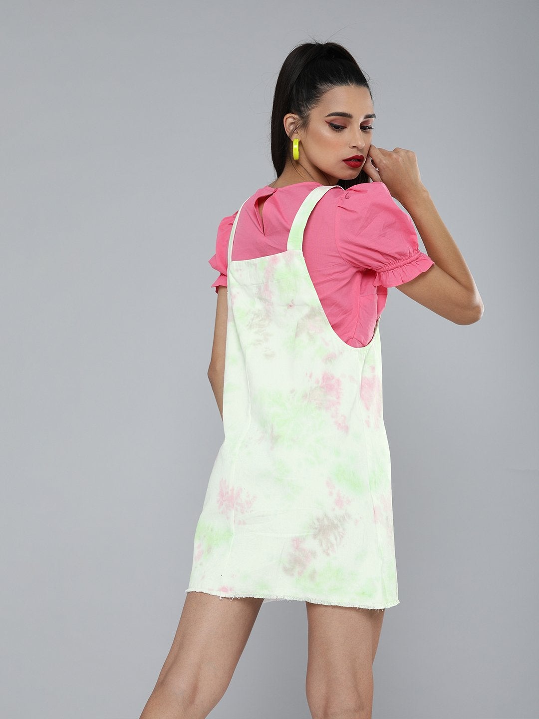 Women's Green & Pink Tie-Dye Pinafore Dress