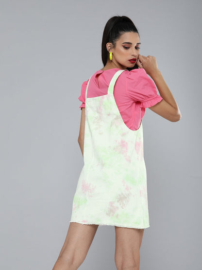 Women's Green & Pink Tie-Dye Pinafore Dress