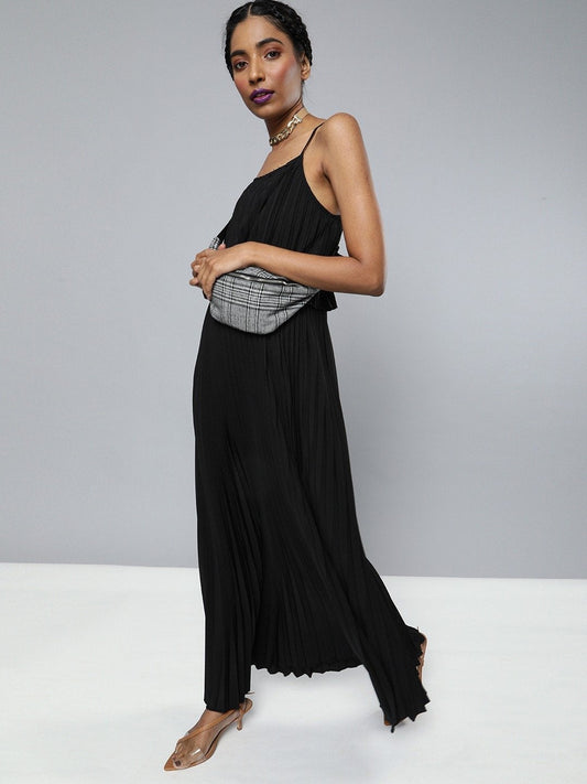 Women's Black Pleated Strappy Maxi Dress