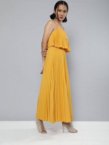 Women's Mustard Pleated Strappy Maxi Dress