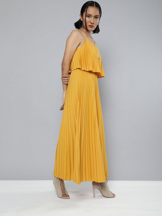 Women's Mustard Pleated Strappy Maxi Dress