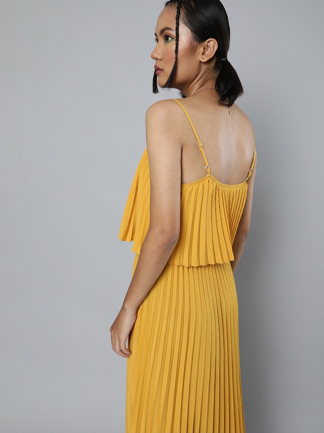 Women's Mustard Pleated Strappy Maxi Dress
