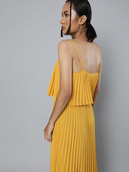 Women's Mustard Pleated Strappy Maxi Dress