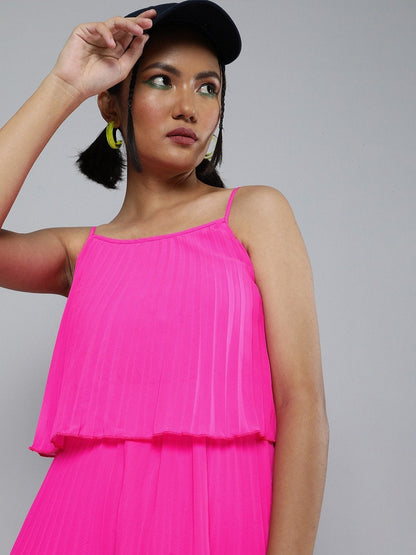 Women's Neon Pink Pleated Strappy Skater Dress