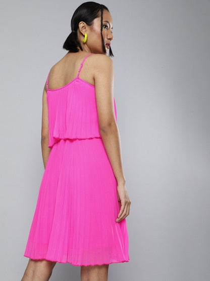 Women's Neon Pink Pleated Strappy Skater Dress