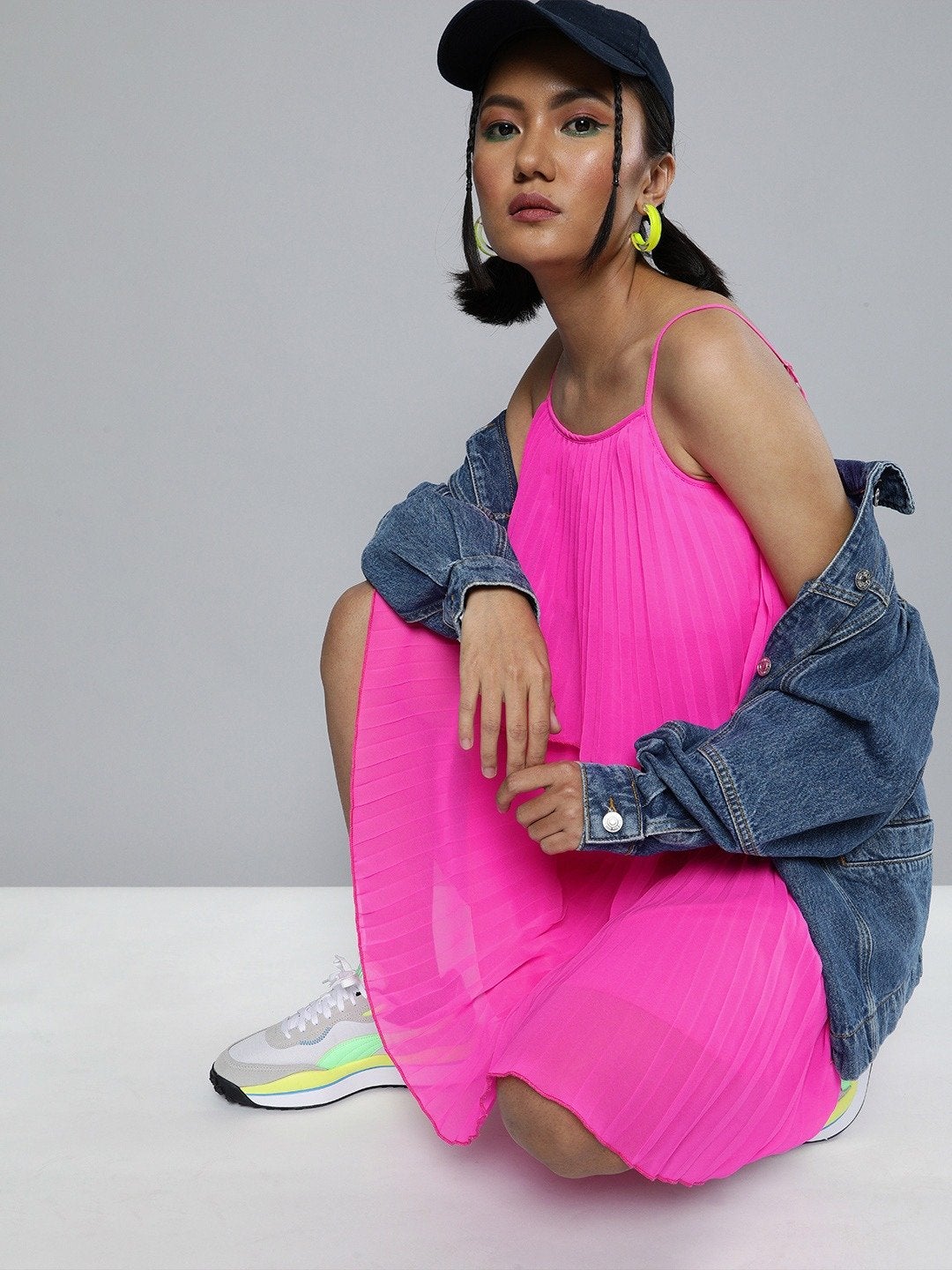 Women's Neon Pink Pleated Strappy Skater Dress