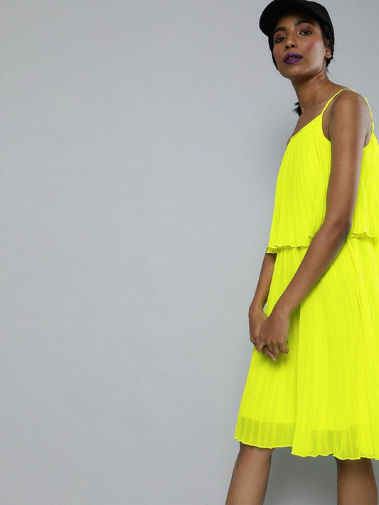 Women's Neon Green Pleated Strappy Skater Dress