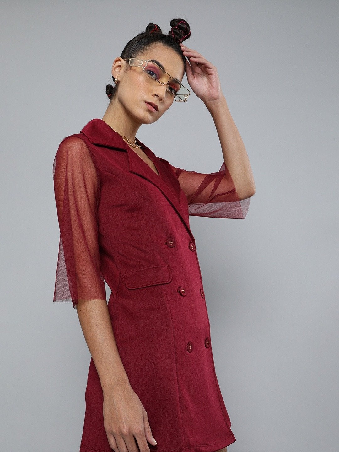 Women's Burgundy Front Button Blazer Mini Dress
