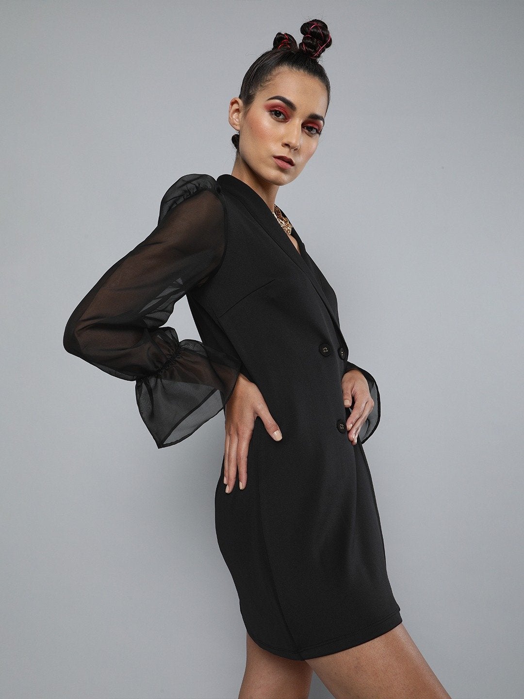 Women's Black Organza-Sleeves Blazer Mini Dress