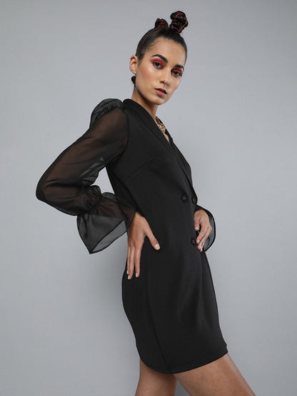 Women's Black Organza-Sleeves Blazer Mini Dress