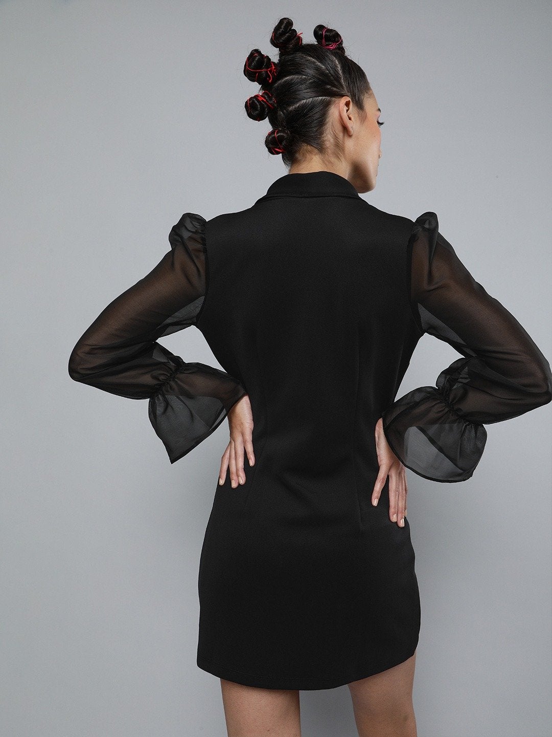 Women's Black Organza-Sleeves Blazer Mini Dress