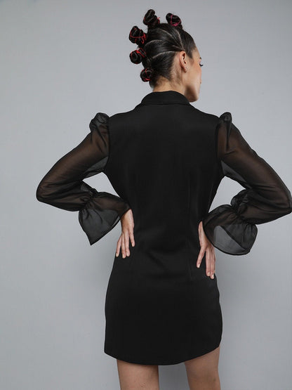 Women's Black Organza-Sleeves Blazer Mini Dress