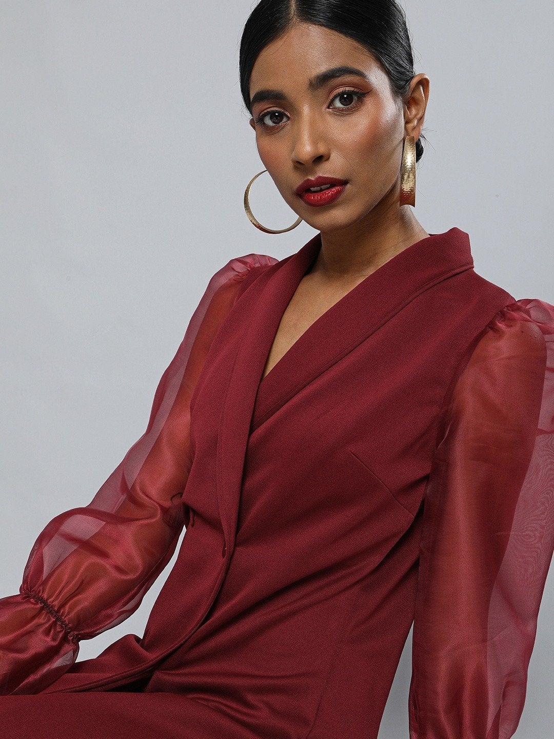 Women's Burgundy Organza-Sleeves Blazer Mini Dress