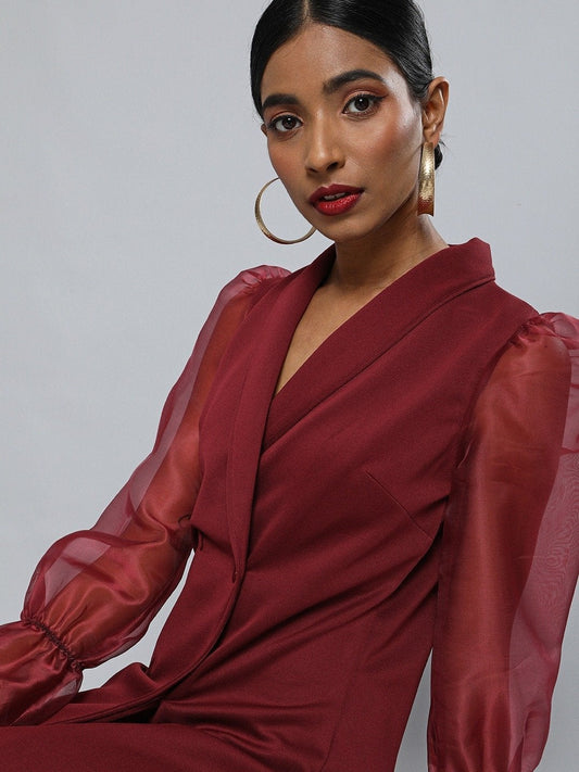 Women's Burgundy Organza-Sleeves Blazer Mini Dress