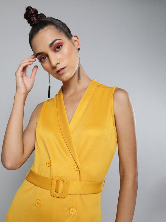 Women's Mustard Sleeveless Belted Blazer Mini Dress