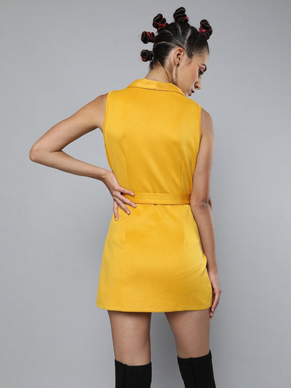 Women's Mustard Sleeveless Belted Blazer Mini Dress