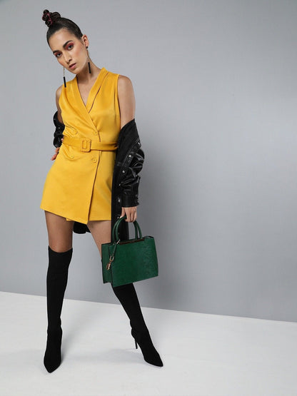 Women's Mustard Sleeveless Belted Blazer Mini Dress