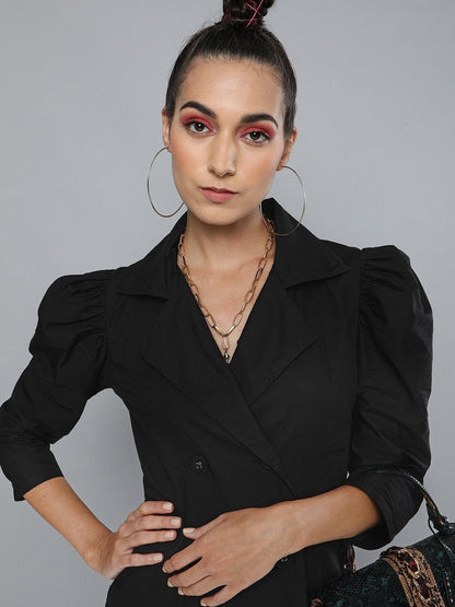 Women's Black Poplin Belted Blazer Dress