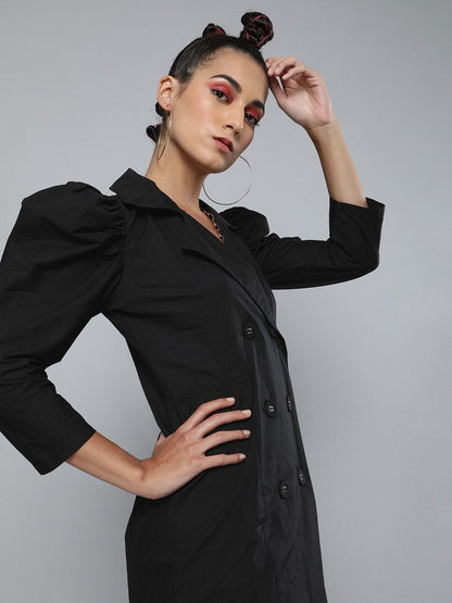 Women's Black Poplin Belted Blazer Dress