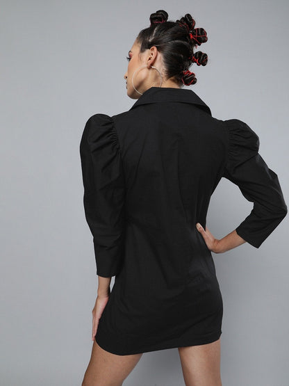 Women's Black Poplin Belted Blazer Dress