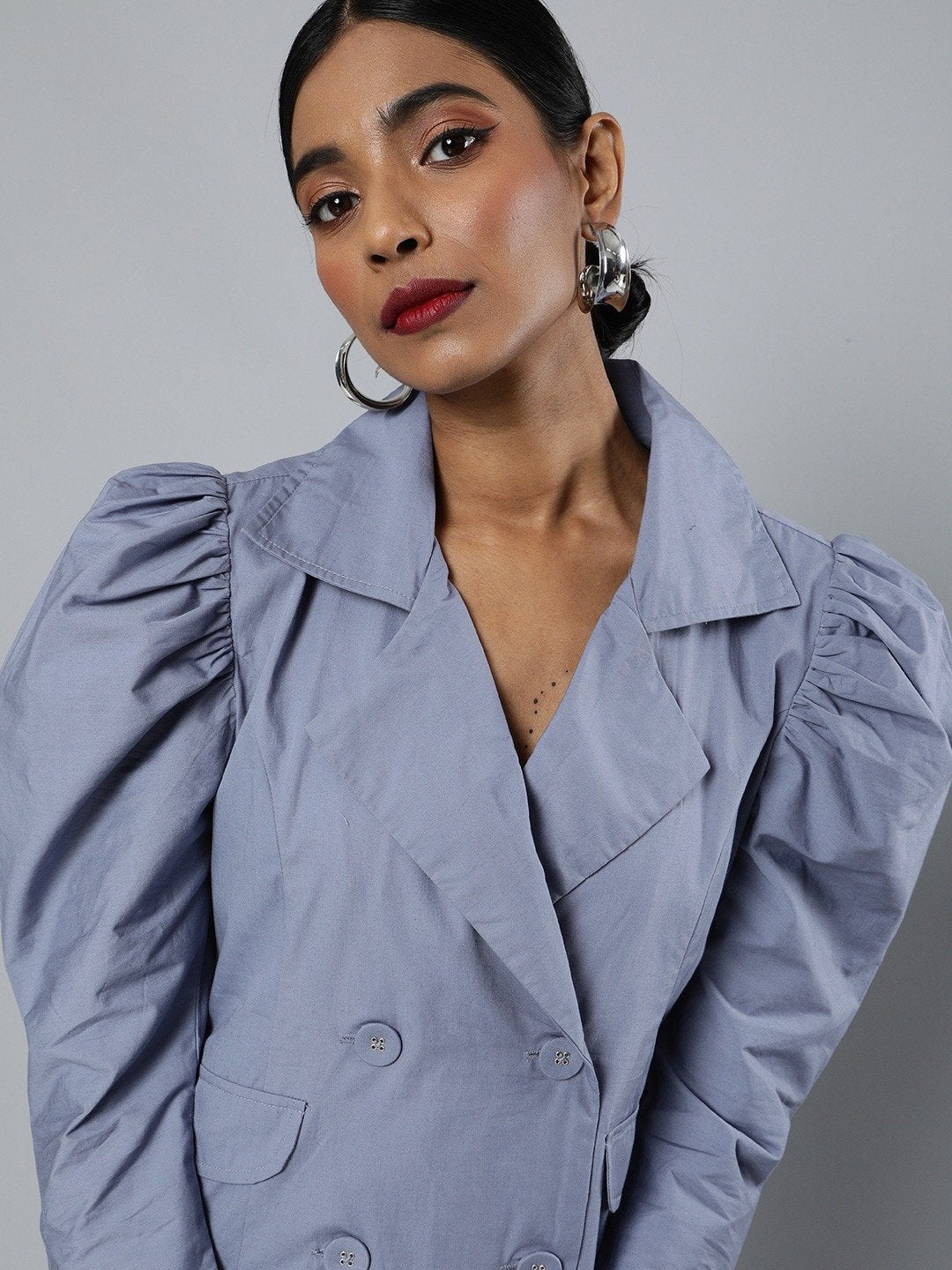Women's Blue Poplin Belted Blazer Dress
