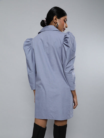 Women's Blue Poplin Belted Blazer Dress