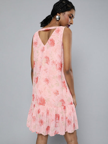 Women's Pink Floral V-Neck Pleated Hem Dress